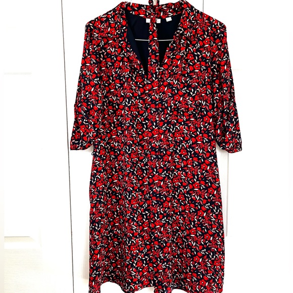 NY&Co Midi Dress w/ Red Floral Print on Navy, 3/4 Sleeve V-neck Belted sz L - Picture 12 of 12